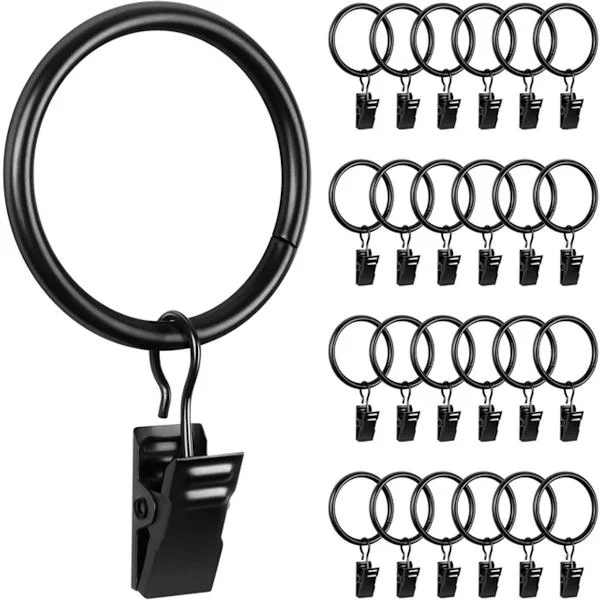 Shower Curtain Rings with Clip, 32mm Shower Curtain Rings, Shower Curtain Rings, 25 Pieces, Stainless Steel, Black