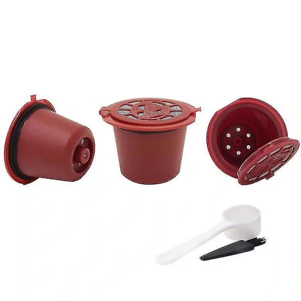5-pakning gjenbrukbare kaffekapsler, påfyllbare filter i rustfritt stål for Nespresso Original Line med skje og børste, rød