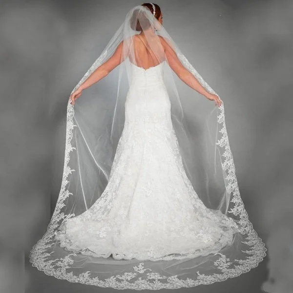 Elegant Wedding Accessories Applique Tulle Long Cathedral Veil Lace Bridal Veil 3m White 300cm