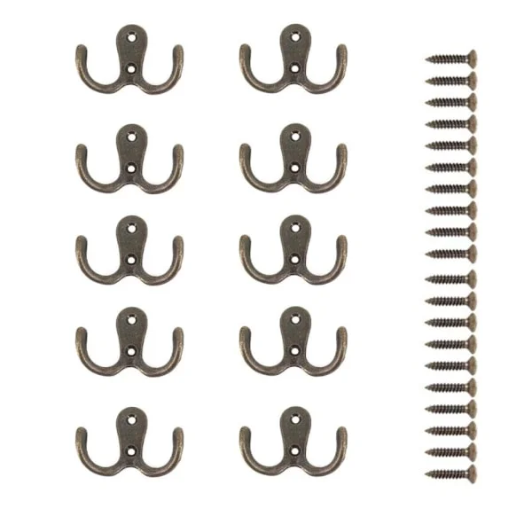 10 Pieces Metal Double Screw Hooks and Coat Hooks for Home Storage, Shelves, Drawers, Cabinets, Bathroom (Bronze)