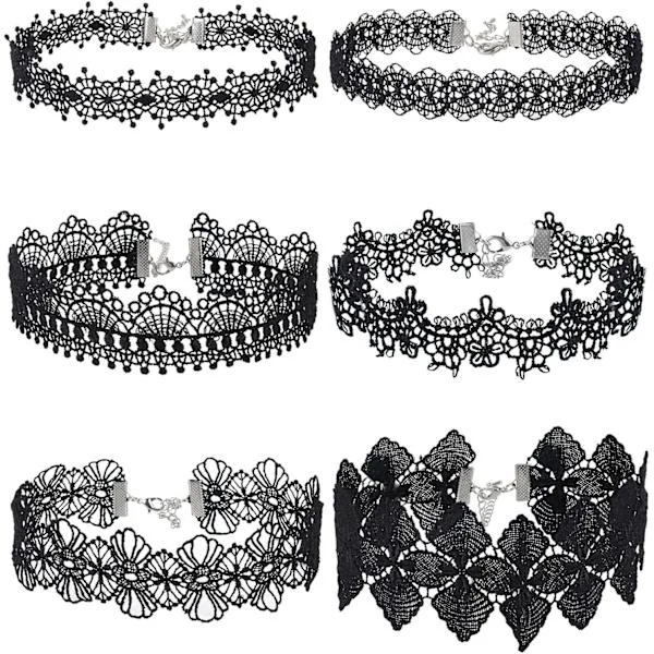 6-pack Choker Halsband Svart Choker Spets Choker Gotiskt Halsband för Kvinnor Flickor, Svart