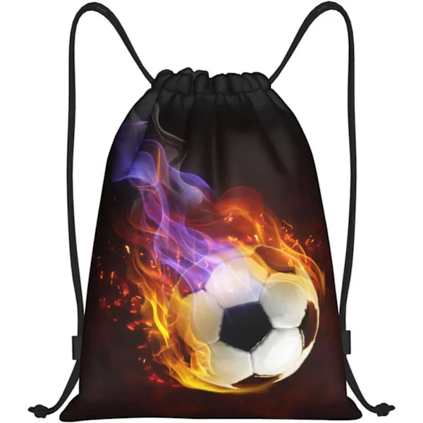 Guttersnorposer med fotball med flammer, kul sportsryggsekk med snøring for tenåringer gutter jenter voksne kvinner menn, svart dagstursekk