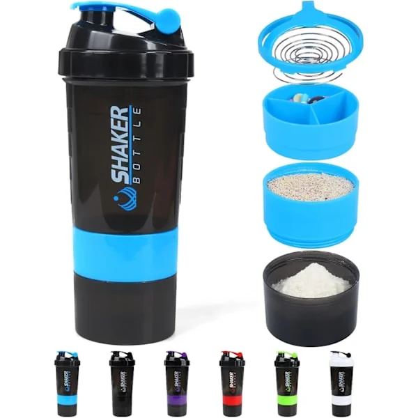 Protein Shaker Flaska, Läcksäker Sportvattenflaska för Protein Mixer - Halkfri 3 Lager, 47 cl Shake Kopp med Pillbox (Svart)