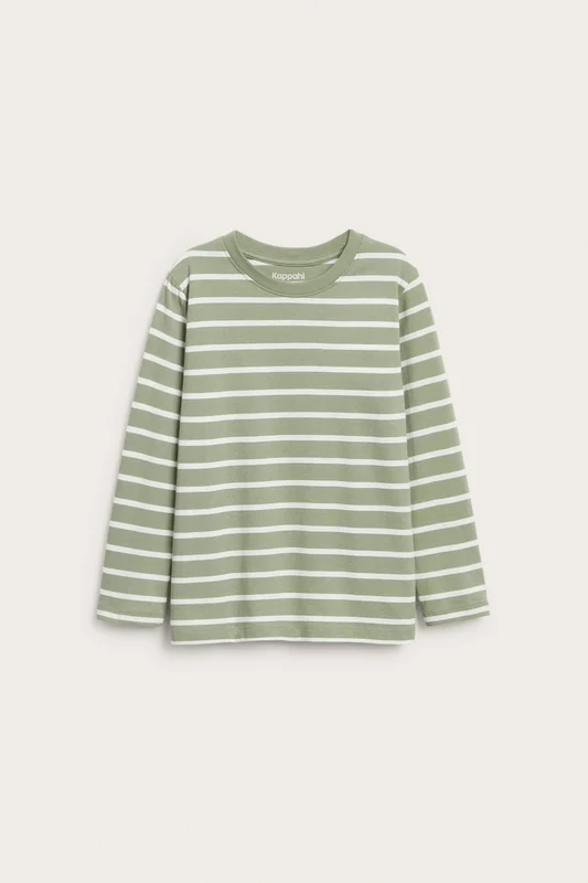 Kappahl | T-shirt z długimi rękawami, w paski Ciemnozielony 122/128 | Dziecko