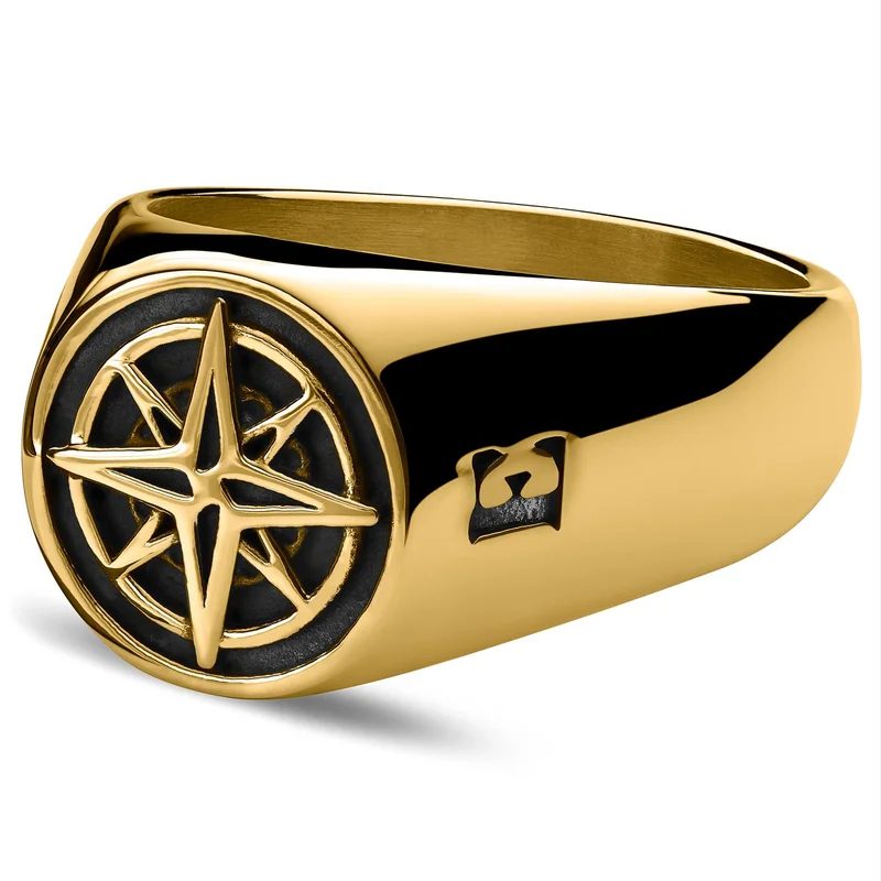 Atlas | Anillo sello dorado con estrella del norte para hombres - Anillos tipo sello