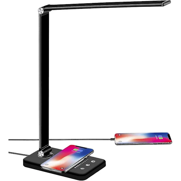 Skrivbordslampa LED med trådlös laddning, USB laddningsanslutning, Kontorslampa, Bordslampa, Ögonvänlig LED Dimbar