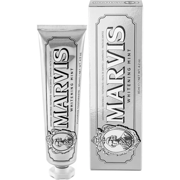 Marvis Whitening Toothpaste, Mintsmak, 85 ml, främjar naturlig tandblekning, bekämpar plack och ger långvarig fräschör.