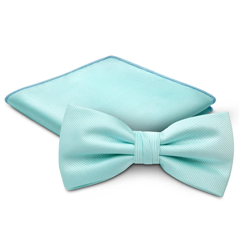 Baby Blue Pre-Tied Bow Tie and Pocket Square Set for Men - Bow Tie Sets