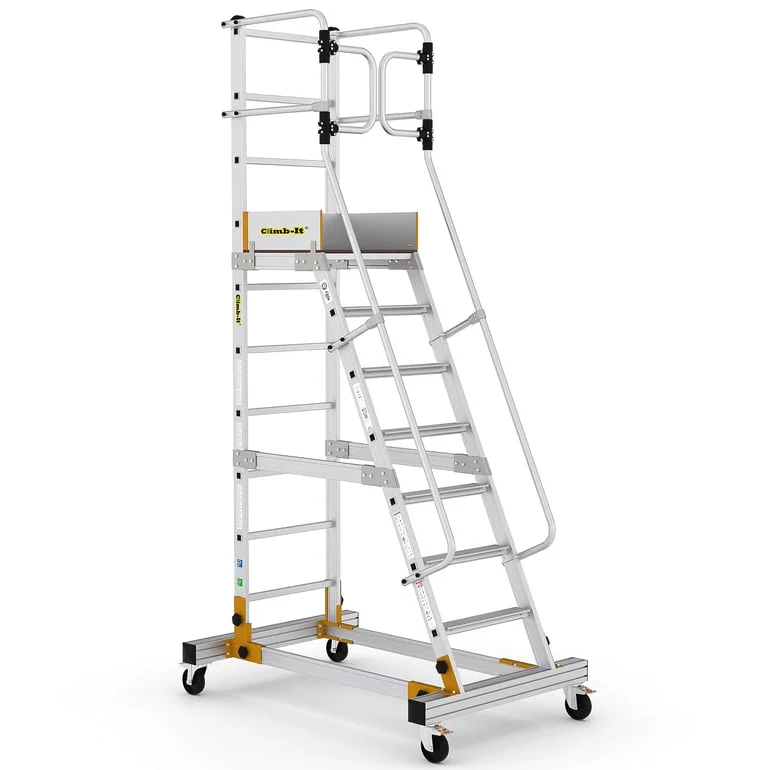 Mobile steps with safety gate, 8 treads, H 2000 mm