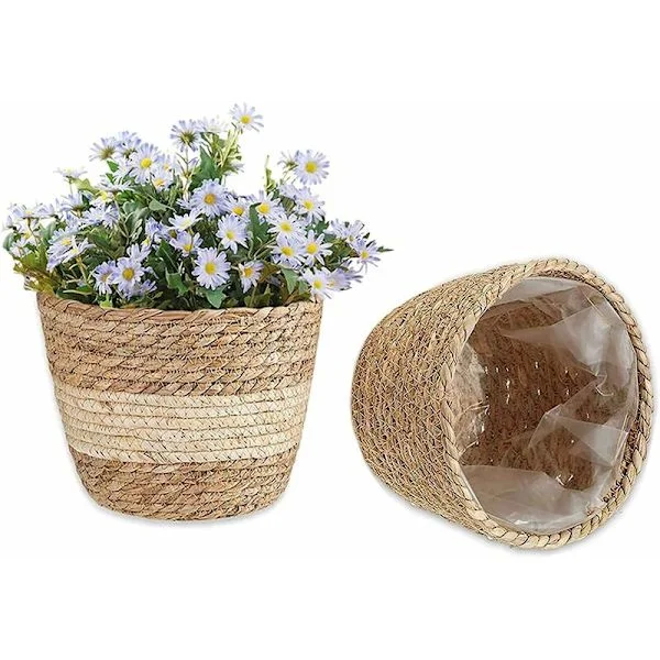 2 stk plante kurv sjøgress kurv håndvevd blomsterkurv strå blomsterpotter blomsterpotte for innendørs eller utendørs dekor
