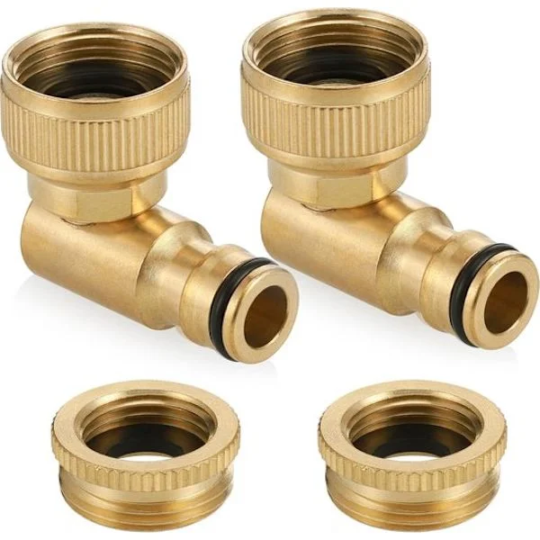 Vinklet krankobling i messing - 2 stk 2-i-1 utendørs krankobling 1/2" & 3/4", 90° albueslangekobling for hageslange