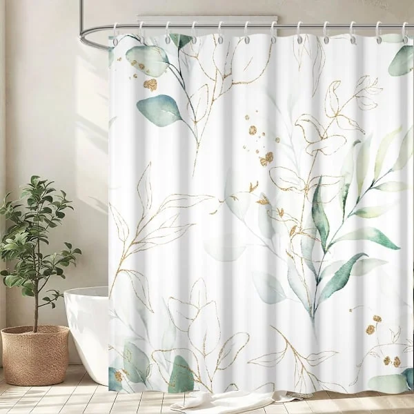Anti-mögel duschdraperi, 180x180cm grönt eukalyptusblad duschdraperi, vattentätt polyester badrumsdraperi med 12 krokar