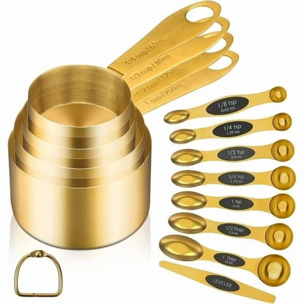 Guld magnetiska mätskedar och koppar set om 12, 8 dubbelsidiga magnetiska mätskedar set med nivåmätare, 4 mätkoppar, Premium