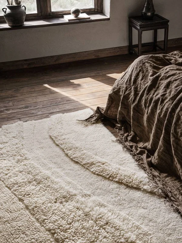 Shaggy Rug Wool Abstract Stray Ivory White Large Oeko-Tex
