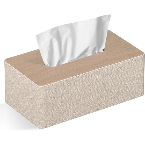 Suorakulmainen PU-nahkainen nenäliinalaatikko, kasvonenäliina-annostelija, laatikonpidike lipastoon, kylpyhuoneen sisustus (beige)