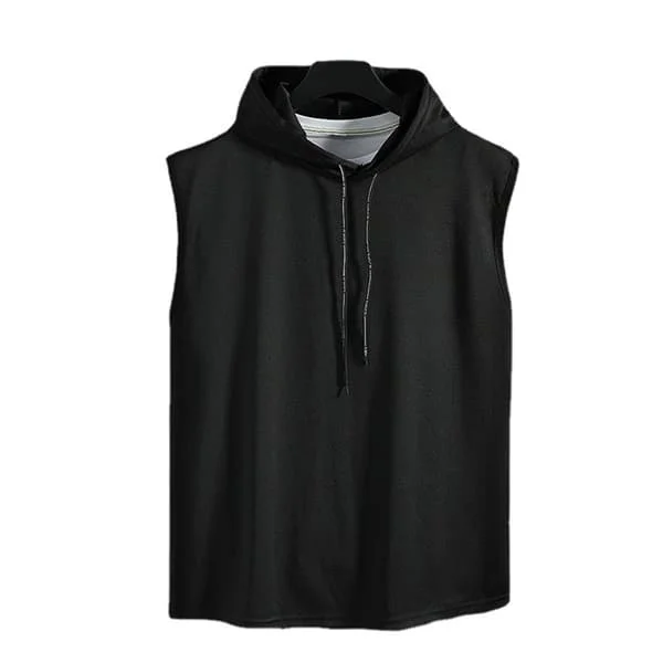 Men's Sleeveless Hoodie Gym Shirt Vest Top Skin-friendly Polyester Solid Color Black 2XL
