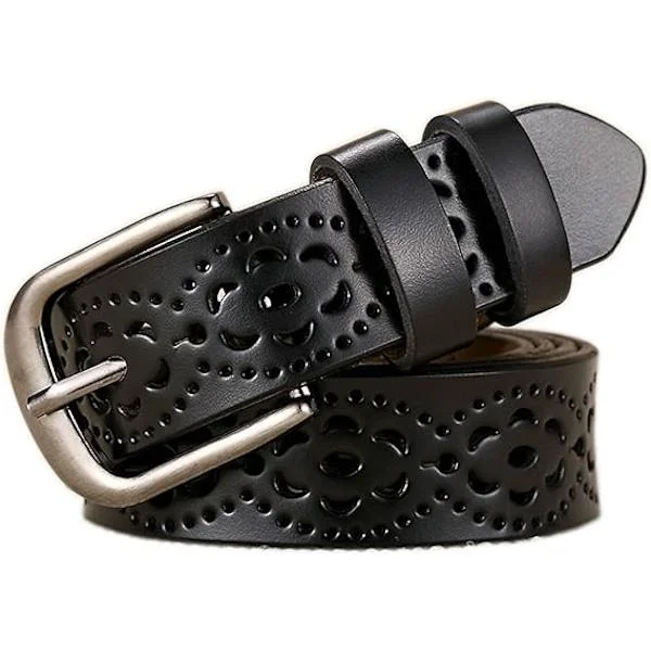 Women's Leather Belt, Fashion Ms Lady Leather Belt for Jeans with Buckle Waist Belt-Black