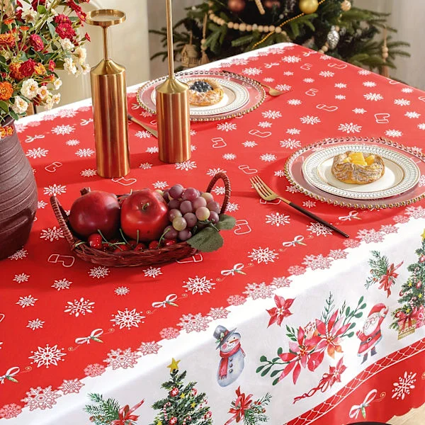 1 stk, Polyester duk, God Jul-omslag, tegneserie-nisse-snømannmønster duk, julestemningsfull borddekorasjon 139.7X177.8cm