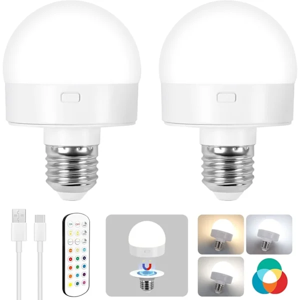 Laddningsbar fjärrstyrd glödlampa, trådlös pucklampa med dimmer och magnet, tre färger, för vägglampor utan fast ledning, 2-pack