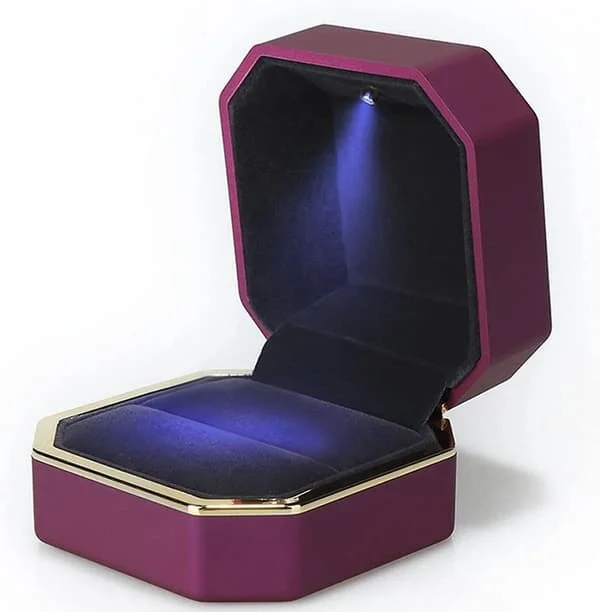Luxury Square Velvet Ring Box with LED Light for Proposal, Engagement, Wedding, Purple