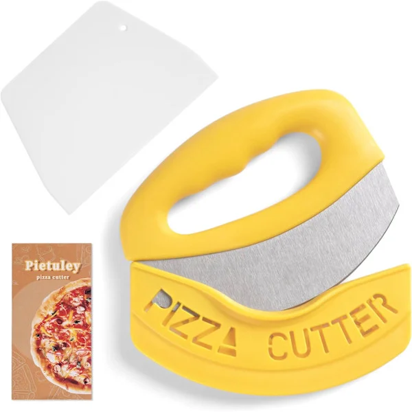 Ny pizzakutter med lokk og plastspatel, pizzakutter vippeplate, kjøkkenutstyr, pizzaovn, pizzakitverktøy gul
