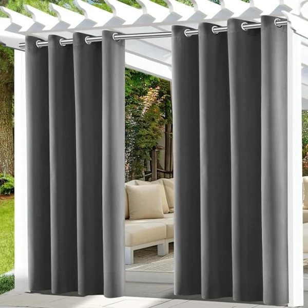Set of 2 Waterproof Outdoor Curtains, Blackout Curtains for Outdoor Use, for Indoor and Outdoor - 132x215cm - Grey