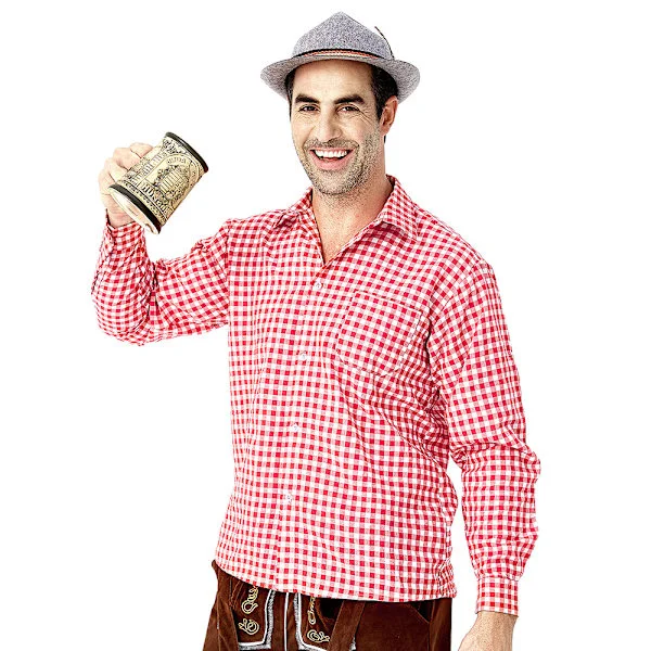 Tysk Oktoberfest Kostym Män | Rutig Skjorta med Broderade Hängslen & Hatt *Röd topp* XL Röd topp Red top XL