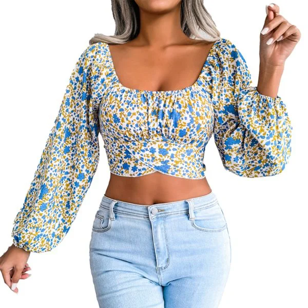 Blomstrete firkantet hals lanterneermet lang rygg sløyfeknute crop top bluse hvit XL dame