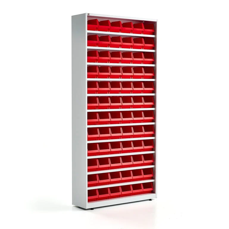 Small parts cabinet, 72 red bins, 2000x950x250 mm