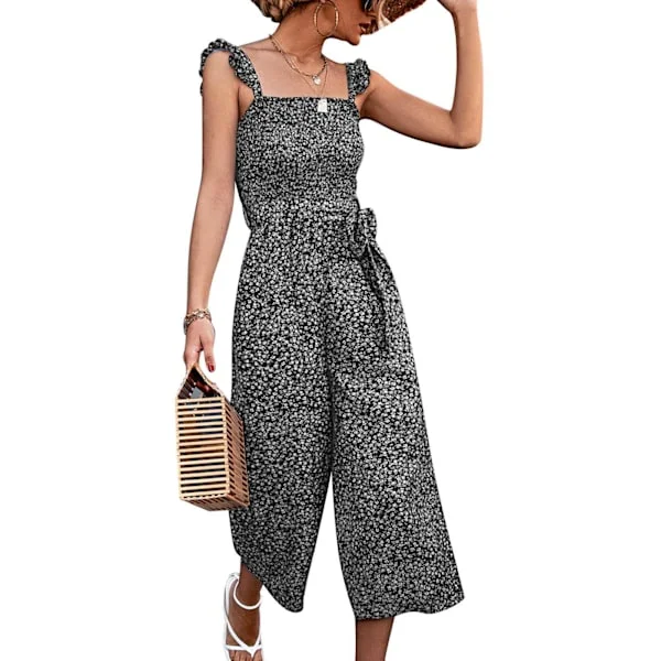 Blomstret Wide Leg Jumpsuit med Smock Talje Bælte Lommer Sommer Romper