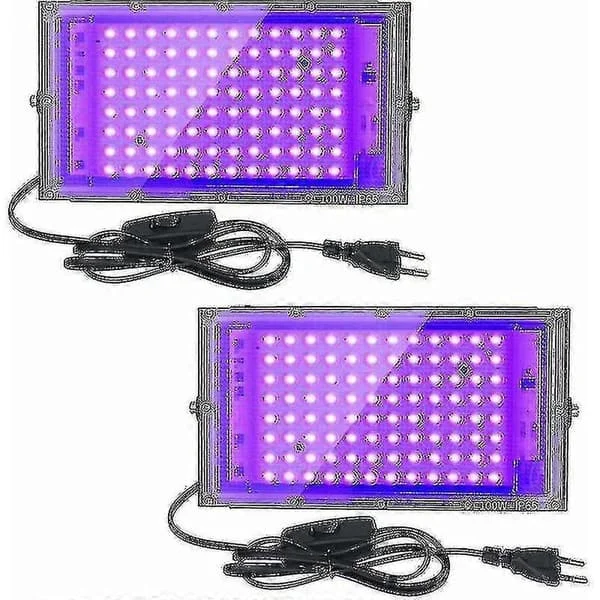 2 stk. 100W UV LED-projektør Sort Lys IP65 Vandtæt, Ultraviolet LED-lampe, Effektlys til Akvarium, Fest, Neonmaling, Fluorescerende Plakat,-