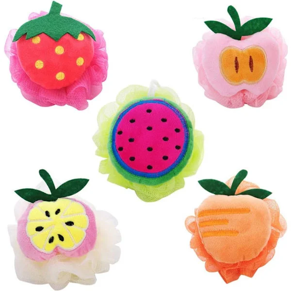 5-pack Bath Puff Soft Bath Sponge Shower Ball Bath Loofah Fruit Shaped Mesh Pouf Exfoliating Body Puffs Exfoliate Pouf