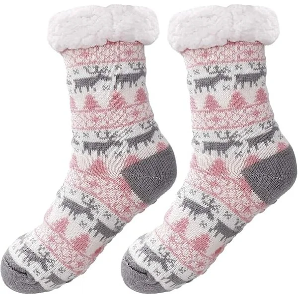 Pink Christmas Socks for Women, Non-Slip Socks, Warm Winter Socks