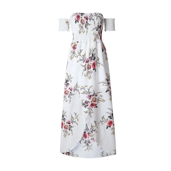 Lång Maxiklänning Dam Off Shoulder Strand Sommarklänningar Blommigt Tryck Chiffong