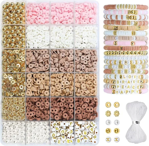 Armbandssats med lera, 2370 st Platta Polymerlera Heishi Pärlor Armbandtillverkningssats för Flickor Vuxna, DIY Vänbandsats med Guld Pärlor Bokstäver