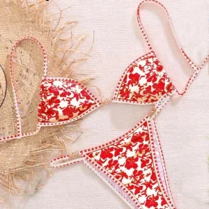 Rödvit blommig bikinitopp