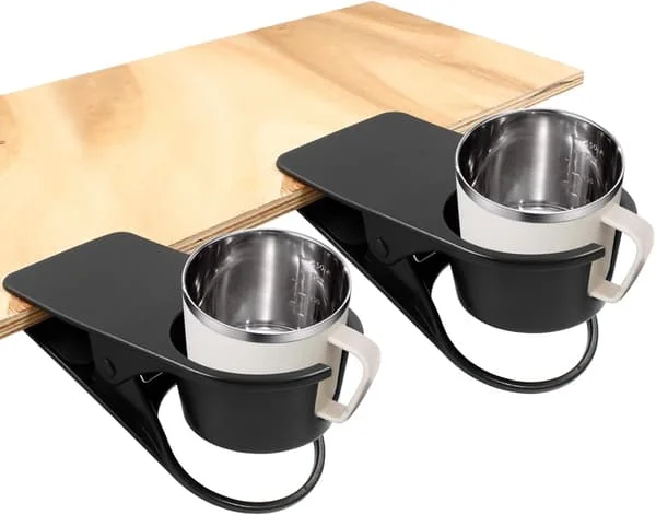 2-i-1 Drikkekopholderclips, Bord- og Adirondack-stol Kopholder til Vand, Drikkevarer, Sodavand, Kaffekrus (Sort) 2 stk. Sort