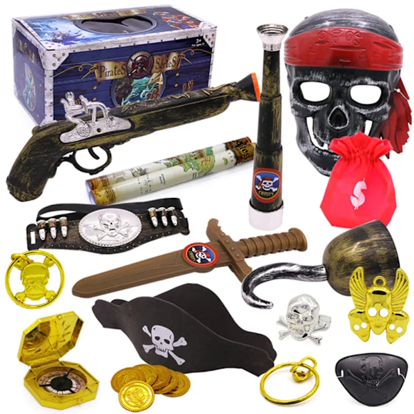 21-delad piratutklädnad för Halloween med svärd, kompasser, dolkar, masker, kläder, hattar, kikare, medaljer, guldmynt och rekvisita