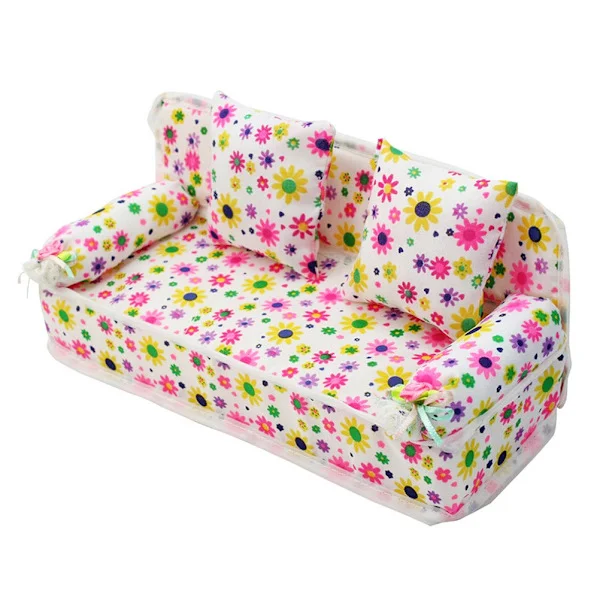 Barn Miniatyr Blomstersofa Mini Stoff Blomstertrykk Sofa med Puter Leketøy Dukkehusmøbler Leker