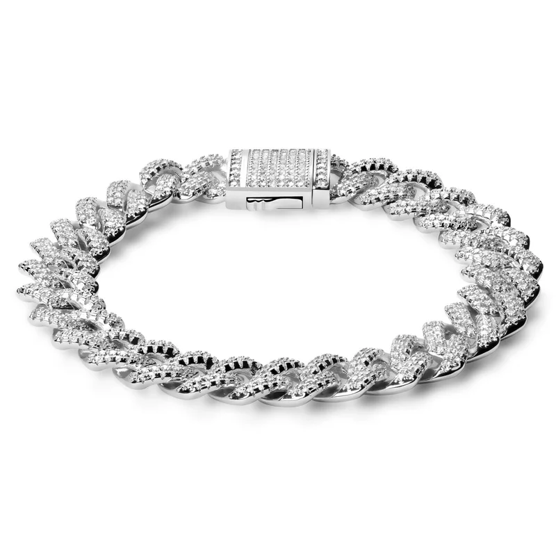 Nicos | 12 mm Iced Silver-tone Diamond Prong Link Chain Zirconia Bracelet for Men - Chain Bracelets