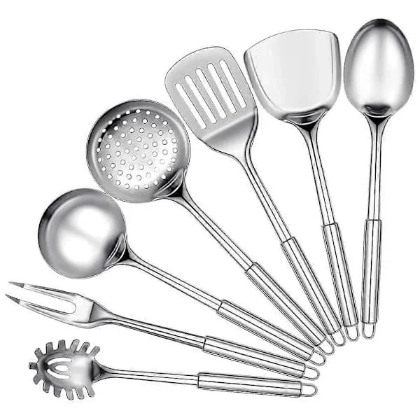 7-piece Stainless Steel Kitchen Utensil Set, Cooking Utensil Set, Includes Slotted Spoon, Soup Ladle, Silver