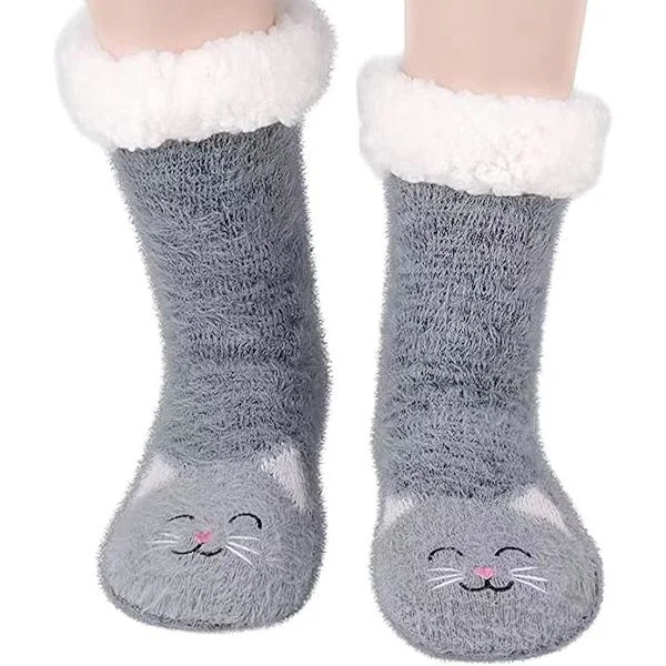 Soft Slippers with Cat Design, Comfortable Bed Socks with Grip, Non-Slip Plush Socks with Thermal Insulation, Gifts for Women and Girls