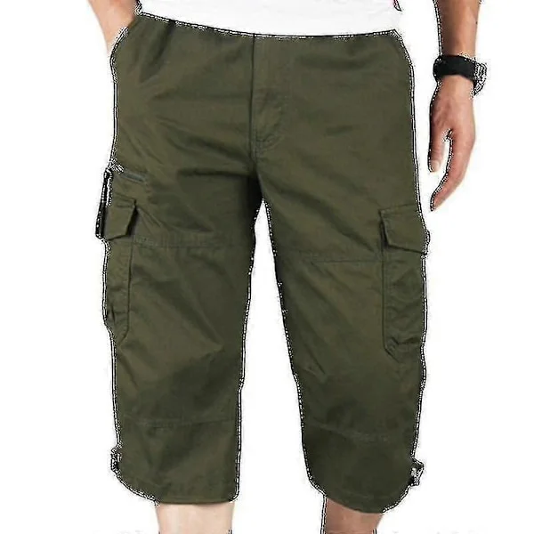 Herre 3/4 Lange Elastiske Talje Shorts Cargo Combat Trekvart Bukser Army Grøn