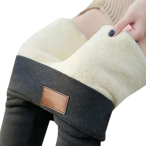 Super Thick Cashmere Wool Leggings, Windproof and Cold, Lasting Warmth, Warm Elastic Tight Leggings Pants for Women Leather Label Gray