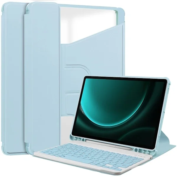 Fodral för Samsung Galaxy Tab S9 FE Plus med Bluetooth-tangentbord och roterande stativ (qb) himmelsblå