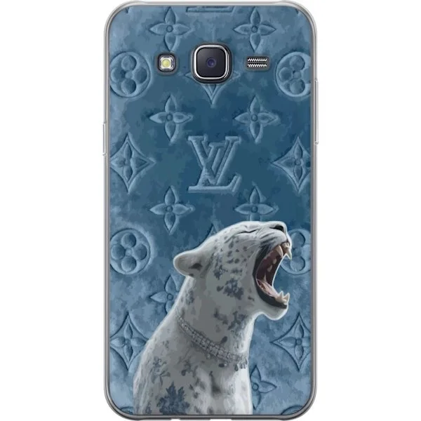 Kompatibelt Mobilskal till Samsung Galaxy J5 Exklusiv vit leopard med blå detaljer och elegant mönstrad bakgrund