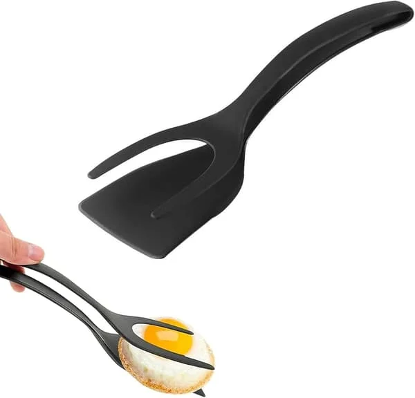 1 pc Silicone Egg Tong Turner Spatula, Silicone Egg Spatula 2 in 1 Grip and Flip Spatula (Black)