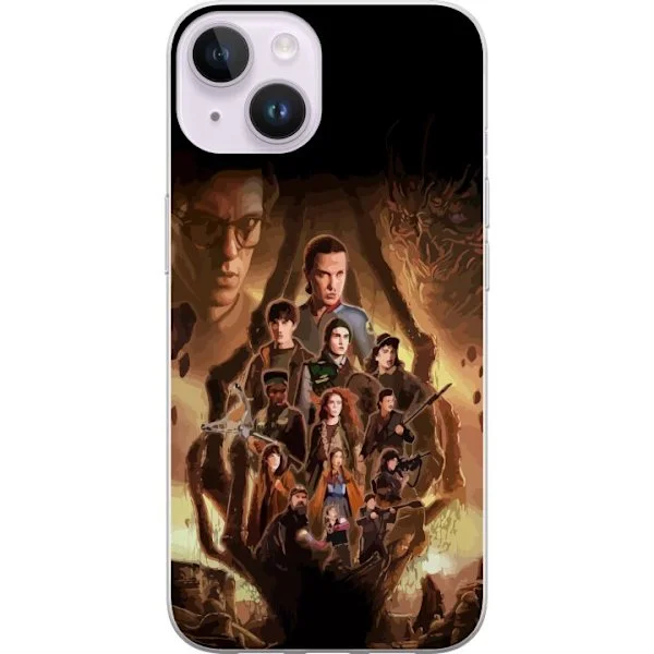 Kompatibelt Mobildeksel til Apple iPhone 15 Spennende gruppe motiver fra Hawkins med en mystisk atmosfære, eventyr og dramatiske brann toner