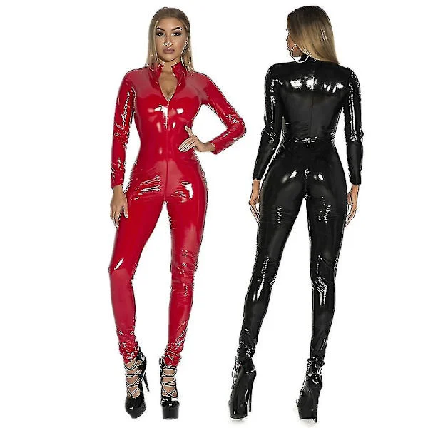 Plus Size S-5xl Dame Sexet Latex Catsuit Sort Heldragt Pvc Jumpsuit Clubwear Kunstlæder Kostume -a