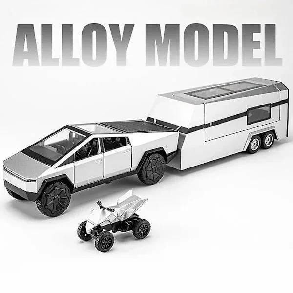 Kul Tesla Cybertruck med henger – Støpt metall miniatyrlekebil – Trekk-tilbake-funksjon, lyd- og lyseffekter – Samlergave til gutter